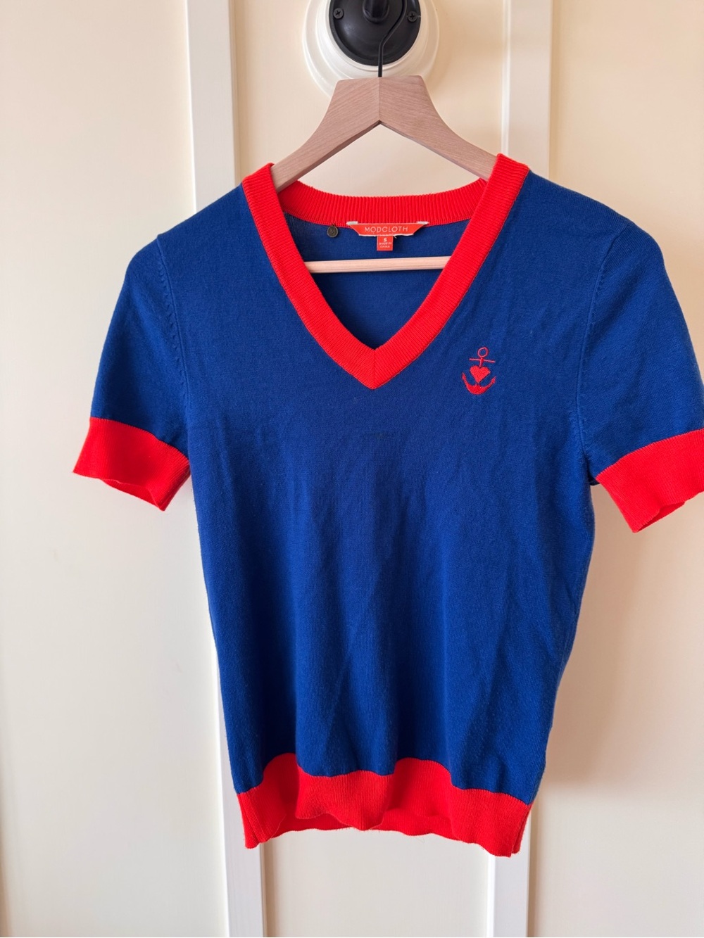ModCloth V-Neck Sweater Short Sleeve Varsity Prep Nautical Indie Retro Size S